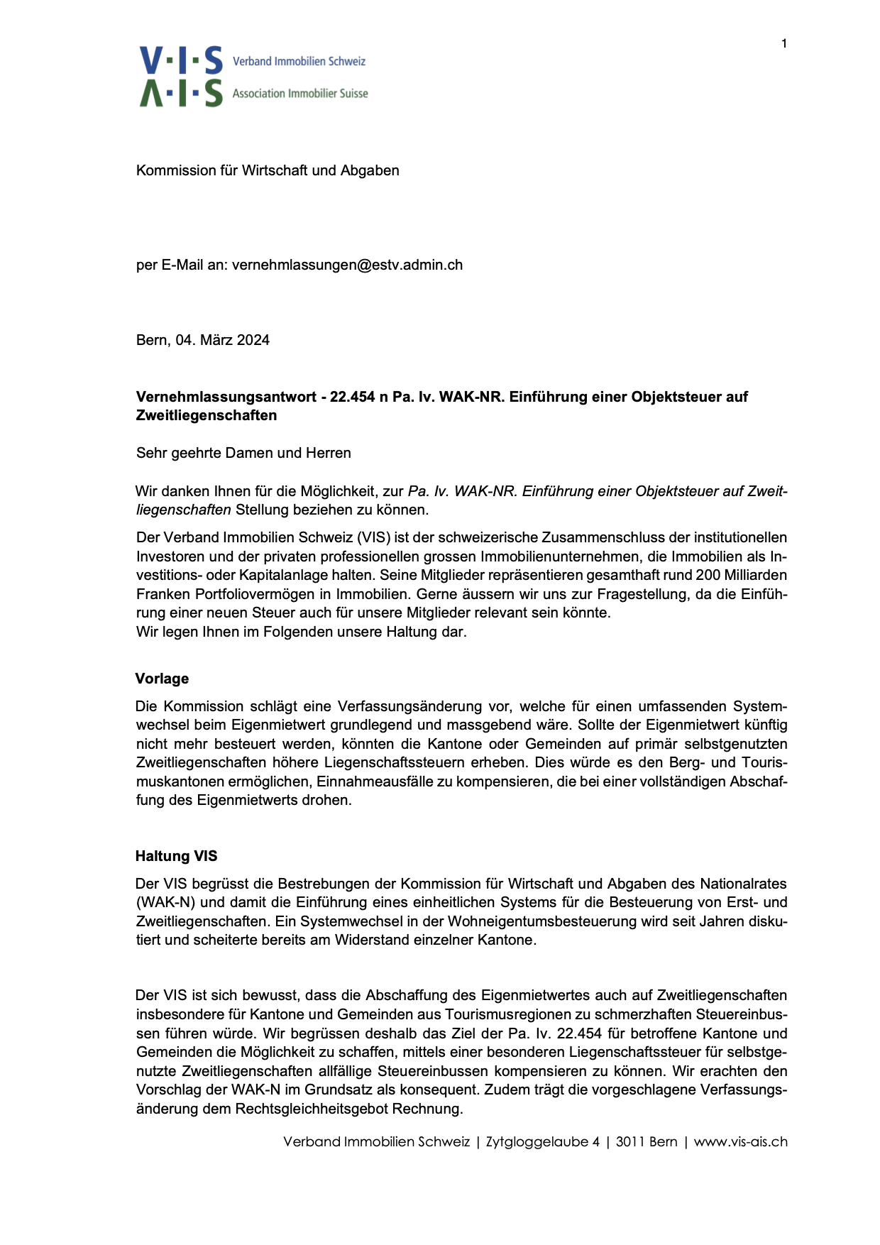 Antwort Objektsteuer Zweitliegenschaften